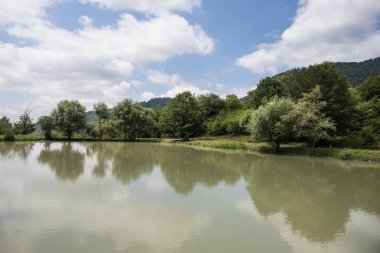 Güzel manzara ormanlık dağlar gölde ya da güzel orman göl yaz saati sabah. Azerbaycan doğa.