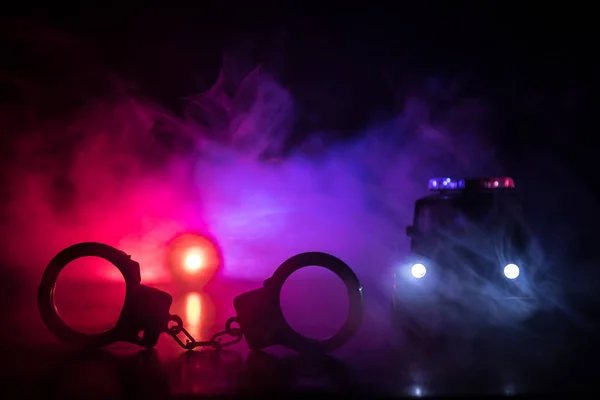 Police Raid Night You Arrest Concept Silhouette Handcuffs Police Car — Stock Photo, Image