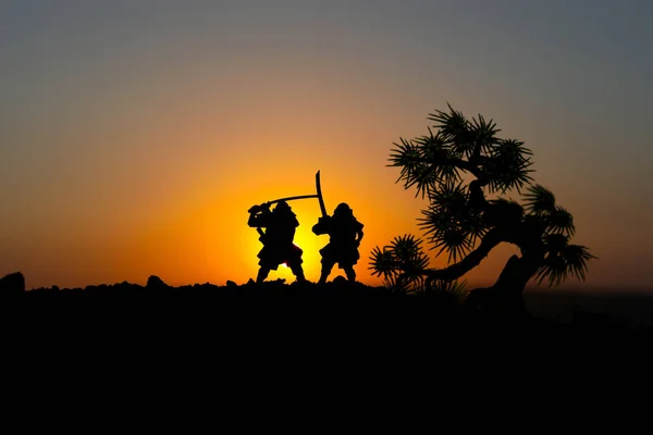 Siluety Dvou Samurajů Souboji Stromu Obrázek Dvěma Samurajové Západu Slunce — Stock fotografie