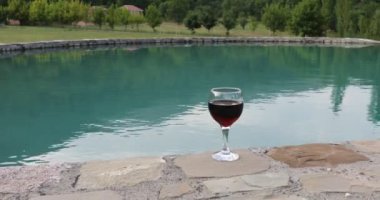 Havuz içinde uzun bardak içki. Ferahlık yaz gününde. Mor suyu kokteyl veya asma. Dağ orman arka plan. Seçici odak