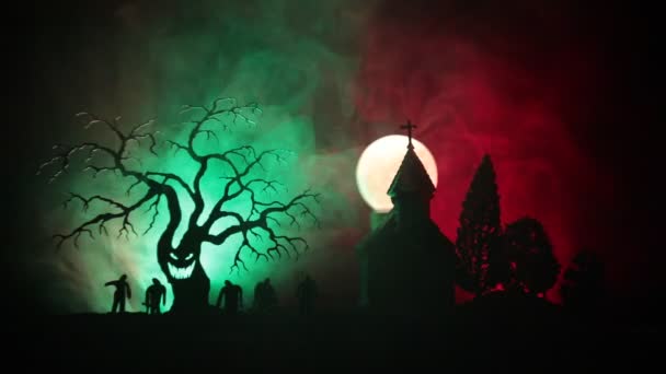 Eng Weergave Van Zombies Begraafplaats Dode Boom Maan Kerk Spooky — Stockvideo