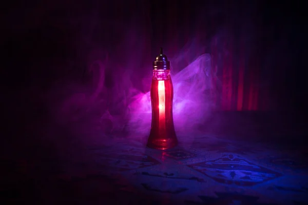 Antique Vintage Glass Bottle Dark Foggy Background Light Poison Magic — Stock Photo, Image