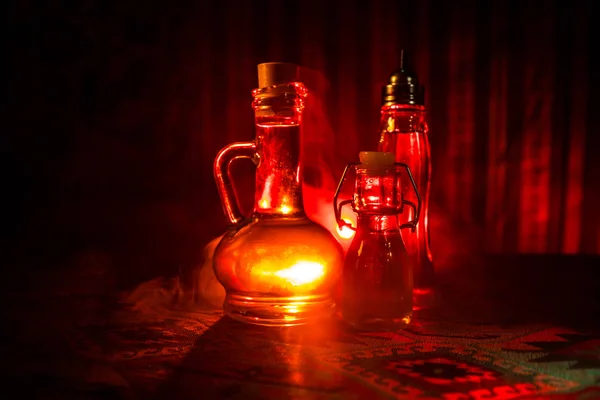 Antique Vintage Glass Bottles Dark Foggy Background Light Poison Magic — Stock Photo, Image
