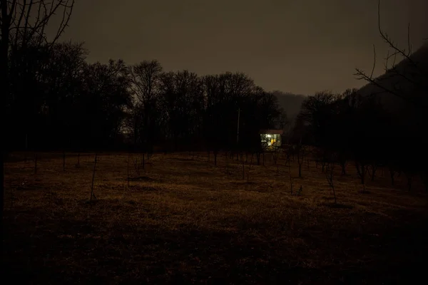 Old house with a Ghost in the forest at night or Abandoned Haunted Horror House in fog. Old mystic building in dead tree forest. Creepy house in the middle of a dark forest. Surreal lights