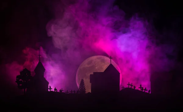 Scary View Zombies Cemetery Dead Tree Moon Church Spooky Cloudy — Stock Photo, Image