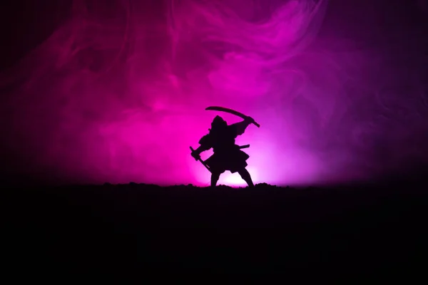 Fighter Sword Silhouette Sky Ninja Samurai Top Mountain Dark Toned — Stock Photo, Image