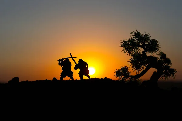 Düelloda Tree Yakınındaki Iki Samurais Silüeti Samurais Günbatımı Gökyüzü Ile — Stok fotoğraf