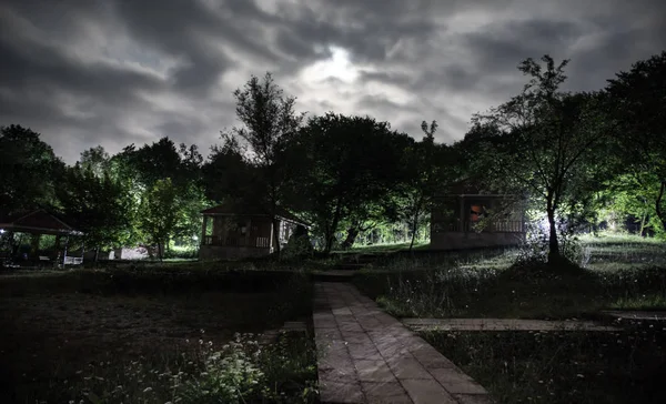 Paisaje Nocturno Montaña Edificio Bosque Por Noche Con Luna Casa —  Fotos de Stock