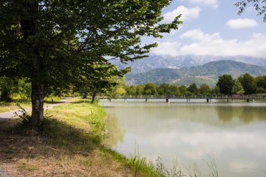 Güzel manzara ormanlık dağlar gölde ya da güzel orman göl yaz saati sabah. Azerbaycan doğa.