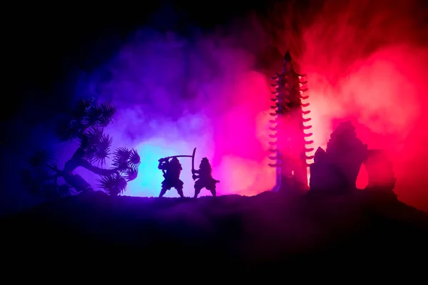 Samurai Kampfkonzept Silhouette Von Samurais Duell Der Nähe Von Baum — Stockfoto