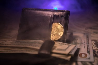 Bitcoin ve bir sürü deri cüzdan dolar. Bitcoin çanta olarak dolar ile. Araştırma kripto para kar. Madenci dolar ve altın bitcoin. İş, ticaret. Seçici odak