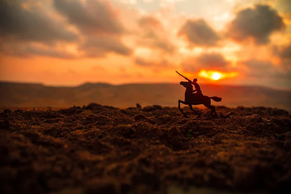 世界战争军官 或勇士 骑手骑着一把剑准备战斗 士兵们在黑暗的雾色调的夕阳背景下 战斗场面战场战斗战士 选择性聚焦 — 图库照片