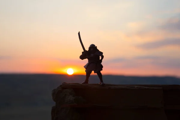 Combattant Avec Une Silhouette Épée Ninja Ciel Samouraï Sommet Montagne — Photo