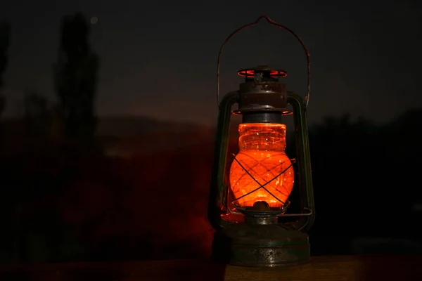 Horror Halloween Concept Burning Old Oil Lamp Forest Night Night — Stock Photo, Image