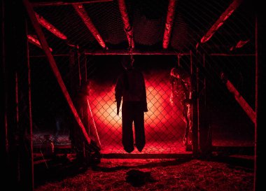 Korku görünümü siluet sis ile gece iskele üzerinde asılmış adam ve tonda ışık arka plan üzerinde. Yürütme (veya intihar) dekorasyon. Korku Cadılar Bayramı kavramı.