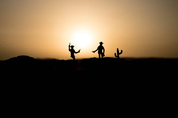 Cowboy Concept Silhouette Cowboys Sunset Time Cowboys Silhouettes Hill Horses — Stock Photo, Image