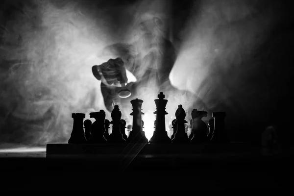 Man Playing Chess Scary Blurred Silhouette Person Chessboard Chess Figures — Stock Photo, Image