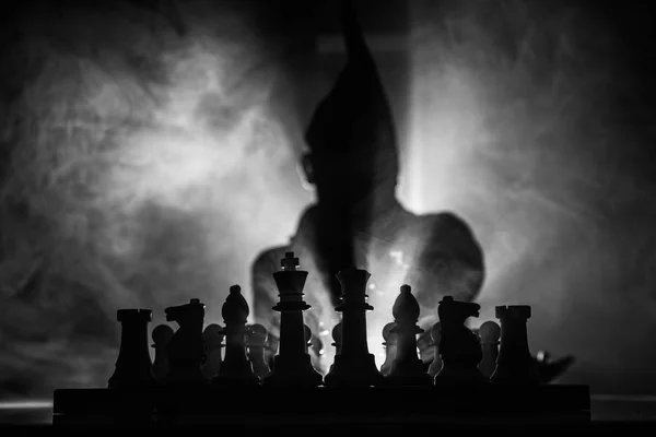 Man Playing Chess Scary Blurred Silhouette Person Chessboard Chess Figures — Stock Photo, Image