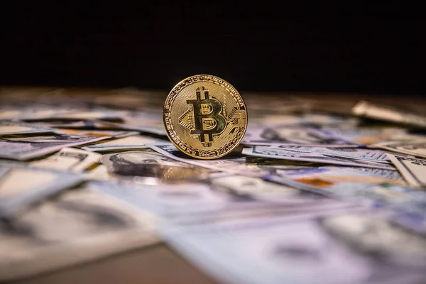 Bitcoin New Virtual Money Coin Dollars Close Selective Focus Digital — Stock Photo, Image