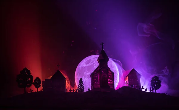 Eng Weergave Van Zombies Begraafplaats Dode Boom Maan Kerk Spooky — Stockfoto