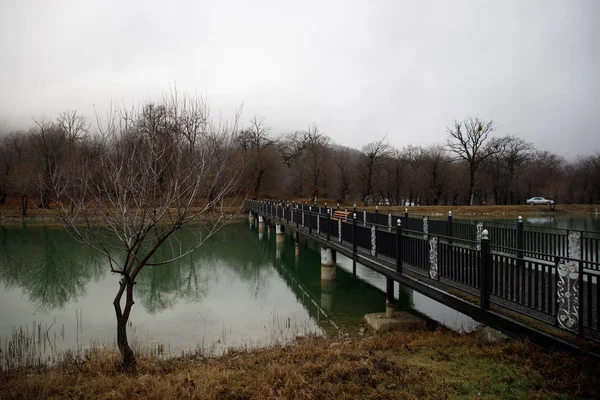 Die Atemberaubende Landschaft Der Brücke Spiegelt Sich Auf Dem Oberflächenwasser — Stockfoto