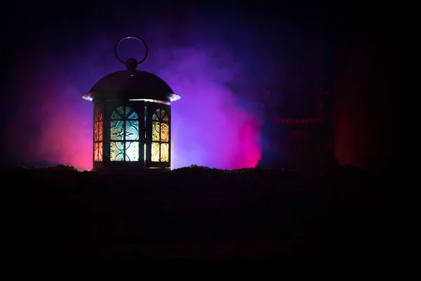 Ornamental Arabic Lantern Burning Candle Glowing Night Dark Toned Foggy — Stock Photo, Image