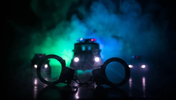 Police Raid Night You Arrest Concept Silhouette Handcuffs Police Car — Stock Photo, Image