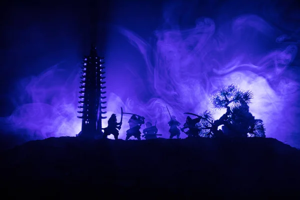 Samurai Fighting Concept Silhouette Samurais Duel Tree Old Temple Table — Stock Photo, Image