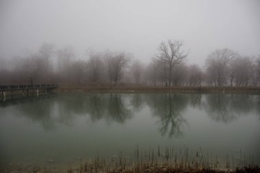 Sis buharlaşır gölet make romantik sahne veya göl ile köprüde güzel ağaçlar sis yansıtmak Gölü, suyla ilgili köprü manzara inanılmaz. Puslu sabah göl üzerinde demir köprü.