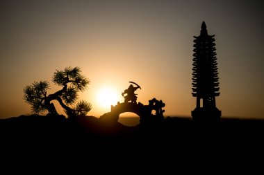 Savaşçı bir kılıç siluet bir gökyüzü ninja ile. Samuray koyu tonda sisli arka plan ile dağın zirvesinde. Seçici odak