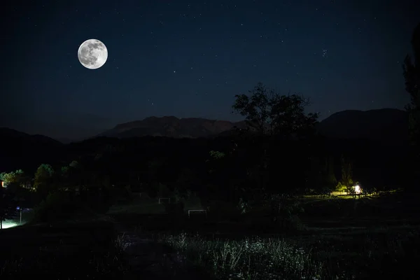 Mountain Road Μέσα Από Δάσος Μια Νύχτα Πανσελήνου Γραφικό Νυχτερινό — Φωτογραφία Αρχείου