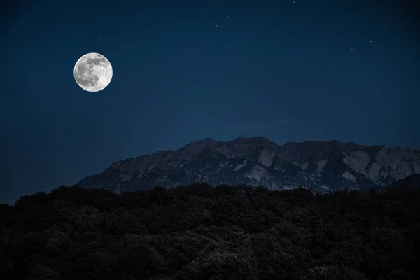 stock image Mountain Road through the forest on a full moon night. Scenic night landscape of dark blue sky with moon