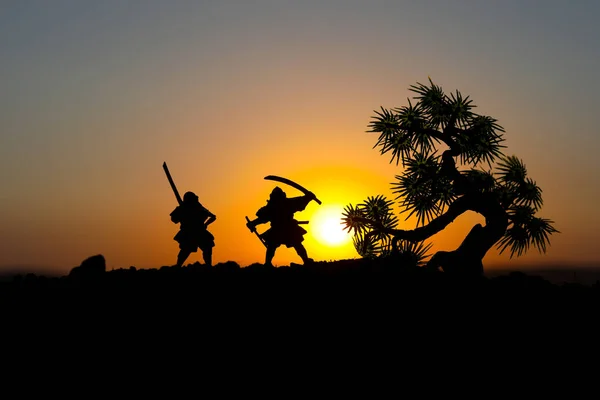 Siluety Dvou Samurajů Souboji Stromu Obrázek Dvěma Samurajové Západu Slunce — Stock fotografie