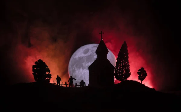 Eng Weergave Van Zombies Begraafplaats Dode Boom Maan Kerk Spooky — Stockfoto