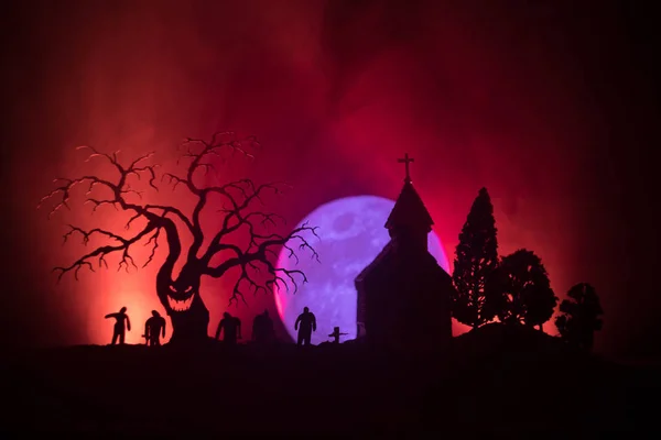 Eng Weergave Van Zombies Begraafplaats Dode Boom Maan Kerk Spooky — Stockfoto