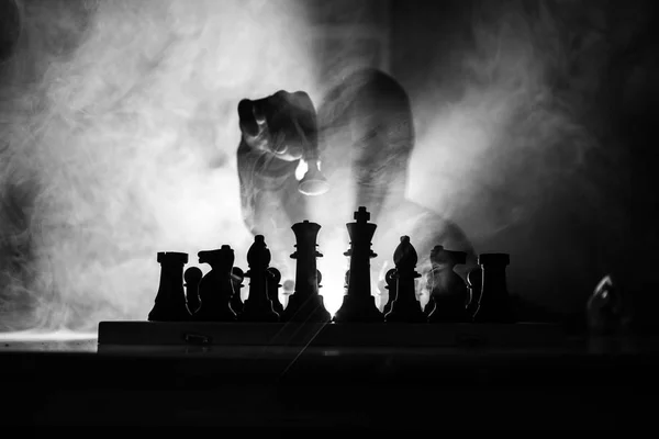 Man Playing Chess Scary Blurred Silhouette Person Chessboard Chess Figures — Stock Photo, Image