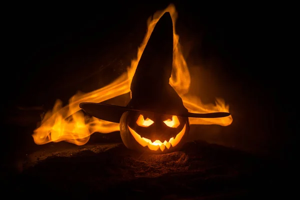 Halloween Koncepció Jack Lantern Mosoly Ijesztő Szemét Fél Éjszakát Közelről — Stock Fotó