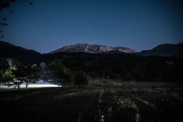 Krásná Noční Krajina Hvězdné Noci Hory Les Noční Les Zelené — Stock fotografie