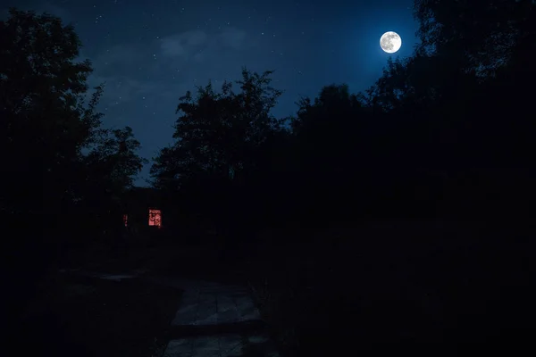 Berglandschaft Des Bauens Wald Der Nacht Mit Mond Oder Landhaus — Stockfoto