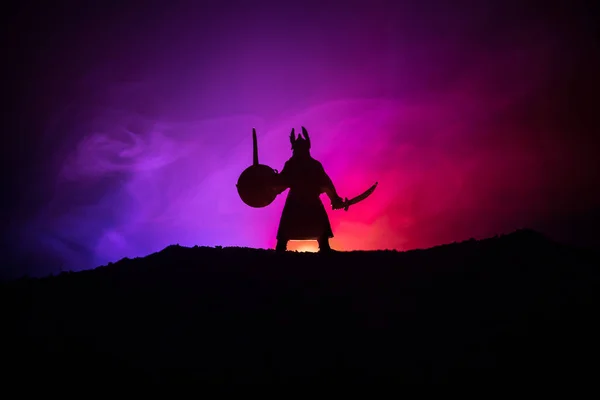 Fighter with a sword silhouette a sky. Medieval knight with sword on a dark foggy toned background. Selective focus