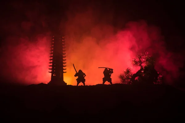 Samurai Kampfkonzept Silhouette Von Samurais Duell Der Nähe Von Baum — Stockfoto