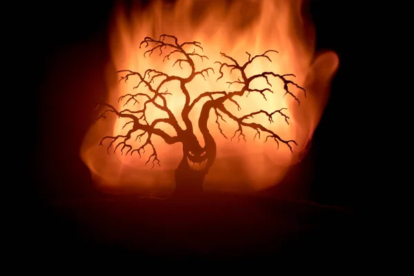 Silueta Strašidelný Halloween Stromu Hrůzou Tváří Mlhavé Tmě Laděných Oheň — Stock fotografie