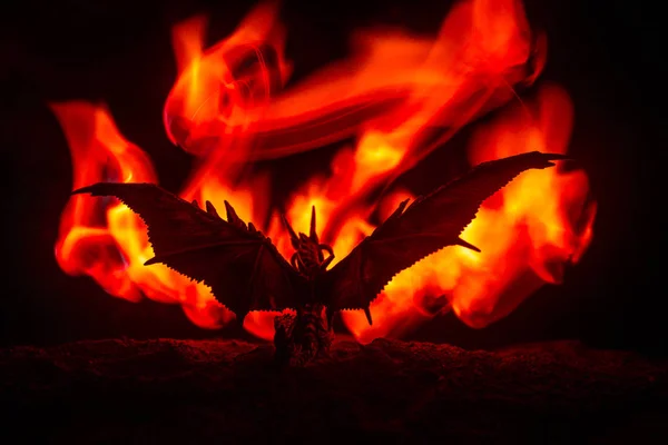 Silhouette Eines Feuerspeienden Drachen Mit Großen Flügeln Auf Dunklem Feuerhintergrund — Stockfoto