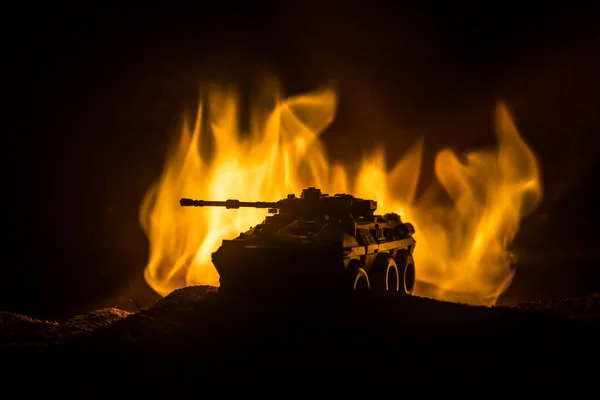 War Concept Armored Tank Silhouette Foggy Fire Sky Night Attack — Stock Photo, Image