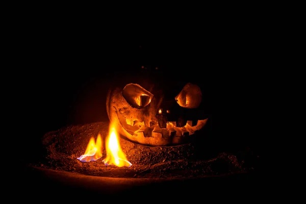 Halloween Pumpkin Smile Scrary Eyes Party Night Close View Scary — Stock Photo, Image