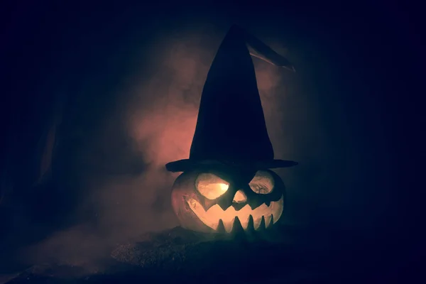 Halloween Koncepció Jack Lantern Mosoly Ijesztő Szemét Fél Éjszakát Közelről — Stock Fotó