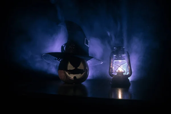 Scène Halloween Avec Citrouille Lampe Huile Happy Halloween Fond Vacances — Photo