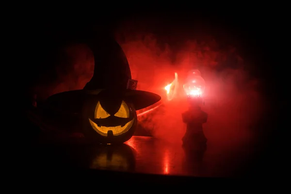 Halloween Szene Mit Kürbis Und Öllampe Happy Halloween Urlaub Hintergrund — Stockfoto