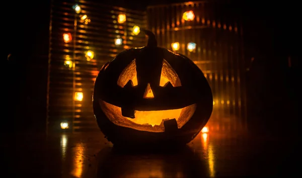 Halloween Tök Mosoly Scrary Szemét Fél Éjszakát Közelről Nézet Félelmetes — Stock Fotó