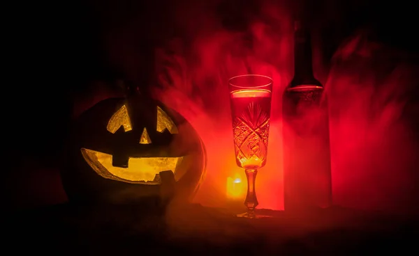 Fête Vin Halloween Thème Verre Vin Bouteille Avec Halloween Vieux — Photo